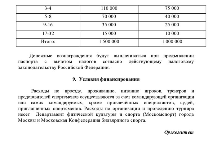 Регламент о проведении IV международного турнира по бильярдному спорту Кубок Мэра Москвы